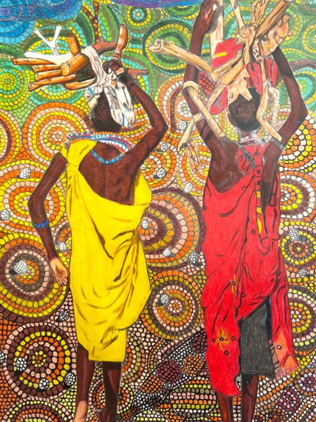 Two women in yellow and red garments carrying bundles over patterned circular background.