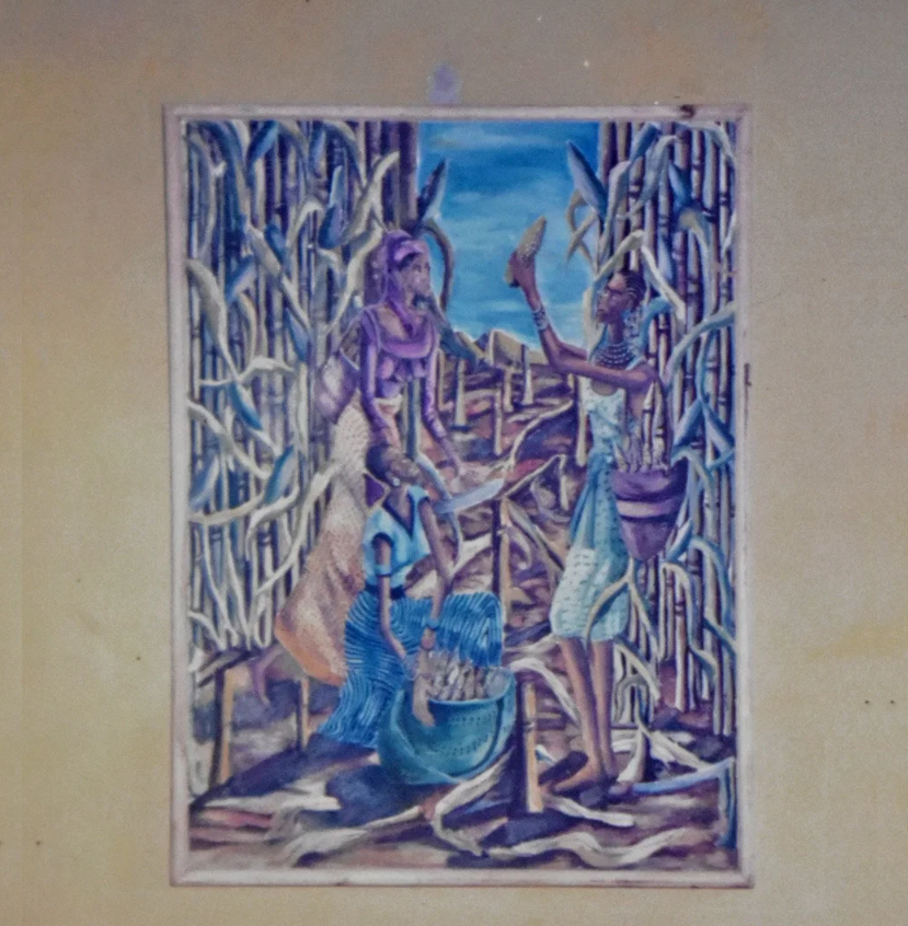 Blue-toned figurative painting showing women in a harvest scene.